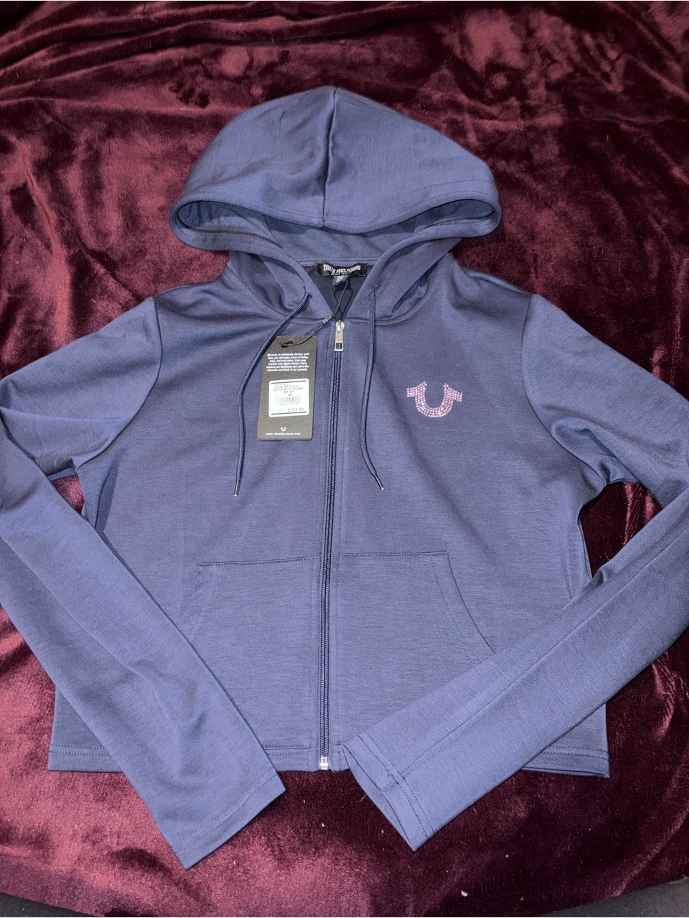 True Religion Navy Zip-Up Hoodie with Pink Logo